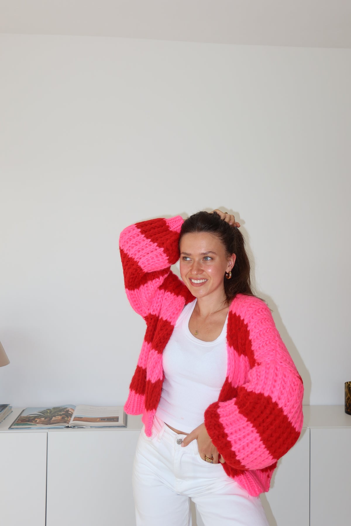 Cardigan Stripe Grobstrick - Pink/Red