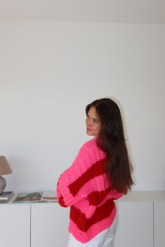Cardigan Stripe Grobstrick - Pink/Red