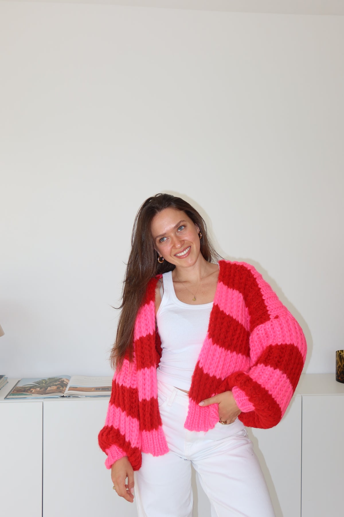 Cardigan Stripe Grobstrick - Pink/Red
