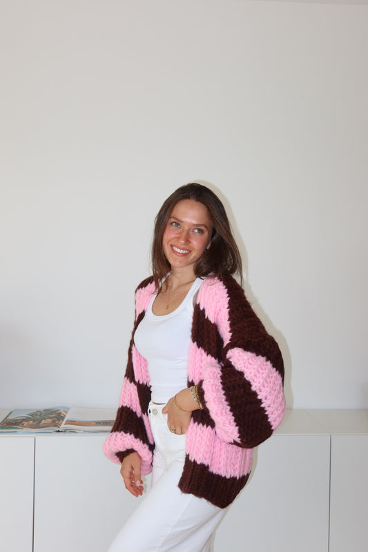 Cardigan Stripe Grobstrick -rosa/Bordeaux