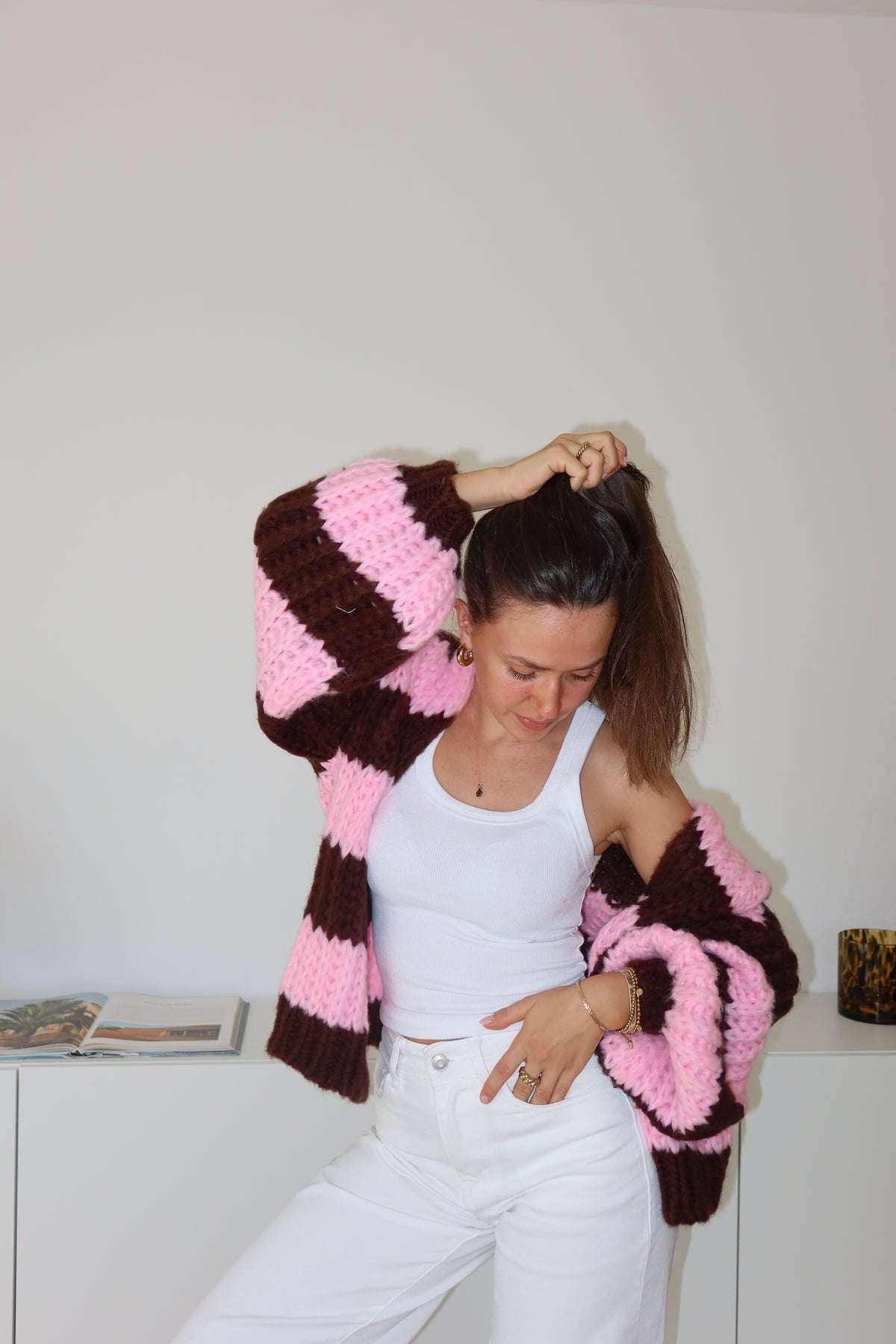 Cardigan Stripe Grobstrick -rosa/Bordeaux