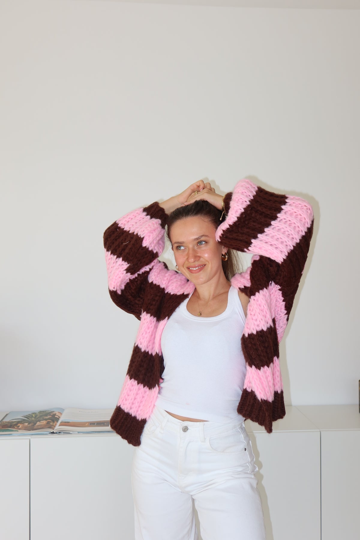Cardigan Stripe Grobstrick -rosa/Bordeaux