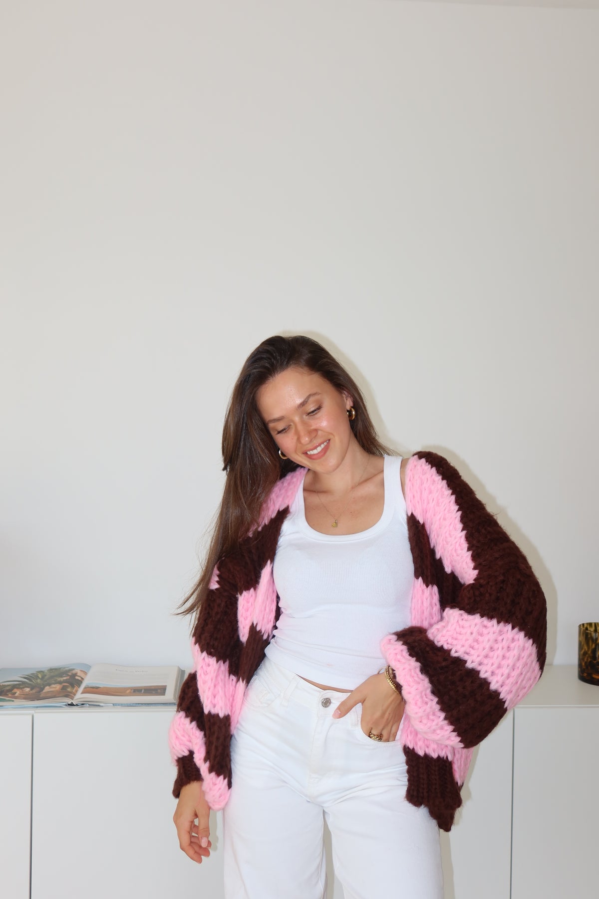 Cardigan Stripe Grobstrick -rosa/Bordeaux