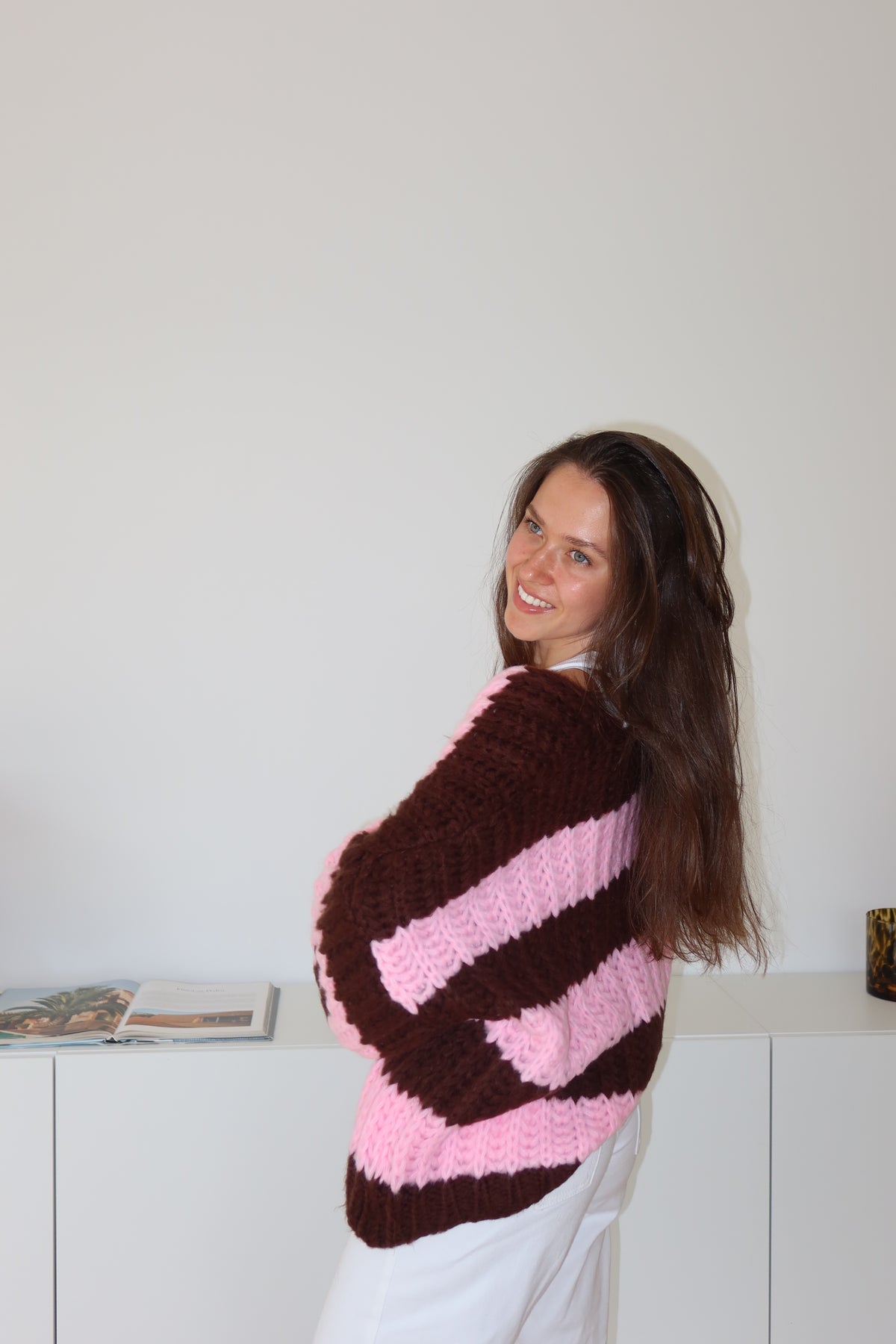 Cardigan Stripe Grobstrick -rosa/Bordeaux